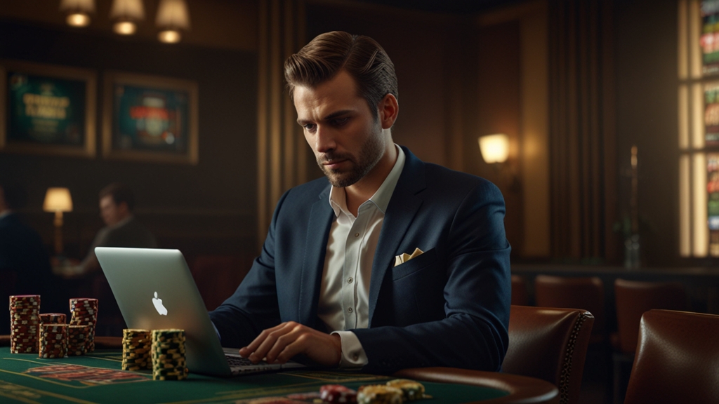 Player checking bonus code terms and wagering details beside casino chips