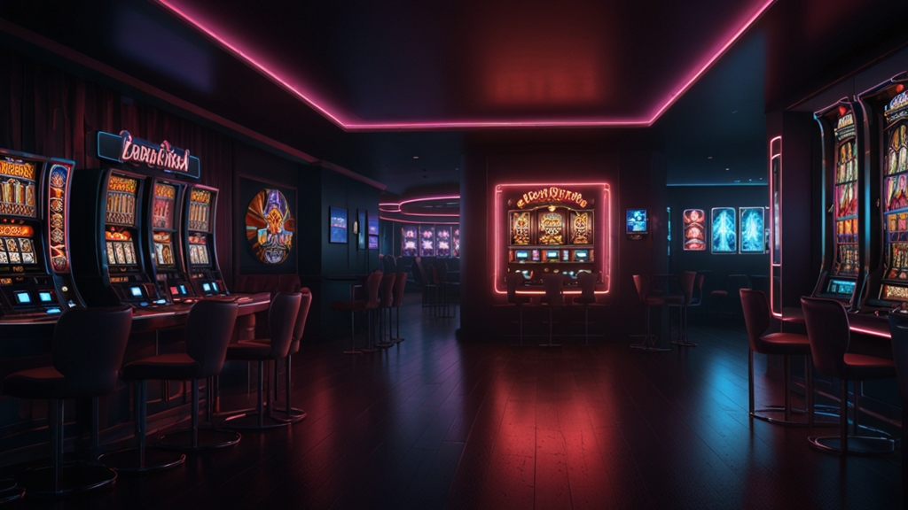 Hand holding a phone with a streamlined casino app interface in a neon casino setting