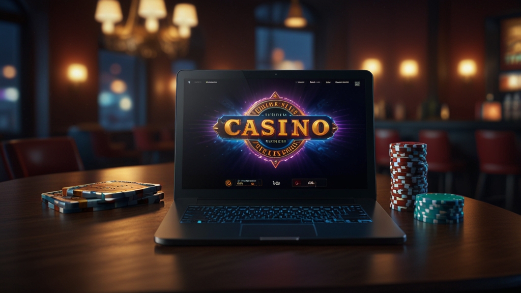 Promo code entry screen beside casino chips and a laptop in a dark setting
