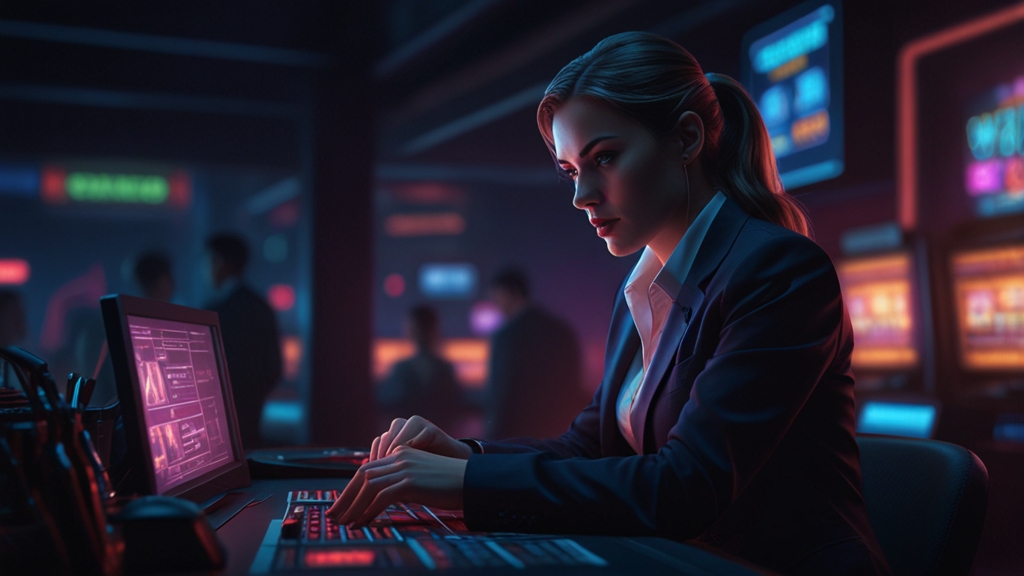 Player checking delayed withdrawal details at a dark casino support desk