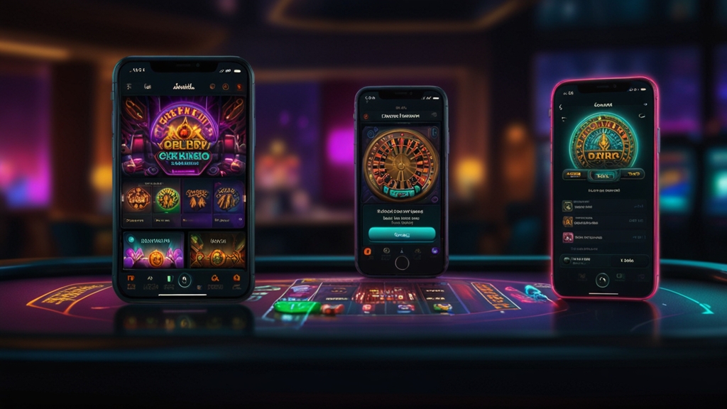 Android and iPhone showing different casino app setup screens on a dark table