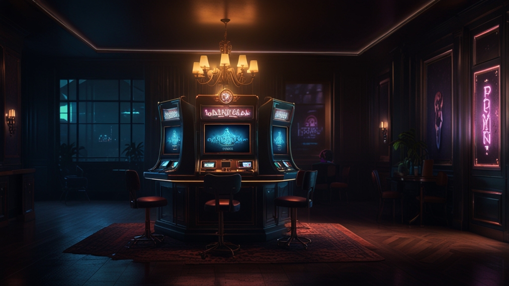 Player checking a casino login screen in a dark neon-lit lobby